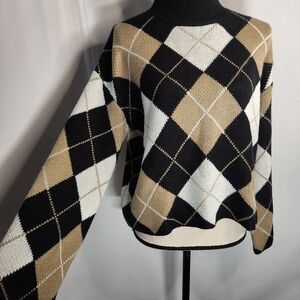 Chic Argyle Sweater in Black, White, and Tan